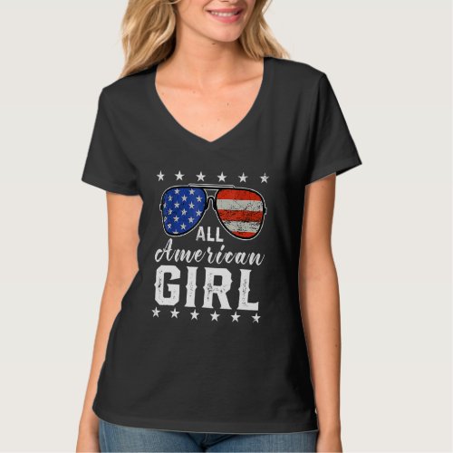 All American Girl 4th Of July Usa America Flag Sun T_Shirt