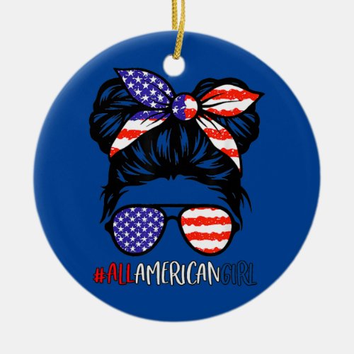 All American Girl 4th Of July Women Messy Bun USA Ceramic Ornament