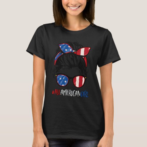 All American Girl 4th Of July  Women Messy Bun Usa T_Shirt