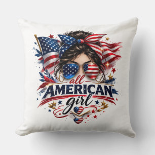 All American Girl – Patriotic Retro USA Flag Desig Throw Pillow
