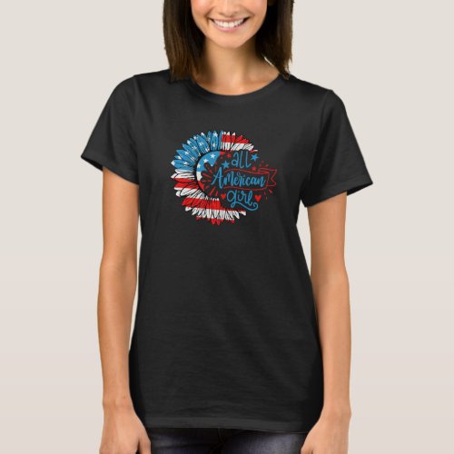 All American Girl Sunflower 4th Of July Patriotic  T_Shirt