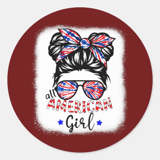 All American Girl Tie Dye Messy Bun 4th Of July Classic Round Sticker (Front)