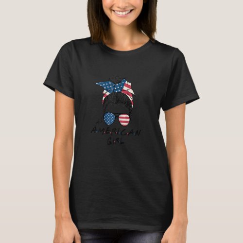 All American Girls 4th Of July  Daughter Messy Bun T_Shirt