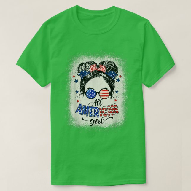 All American Girls 4th Of July  Daughter Messy Bun T-Shirt (Design Front)