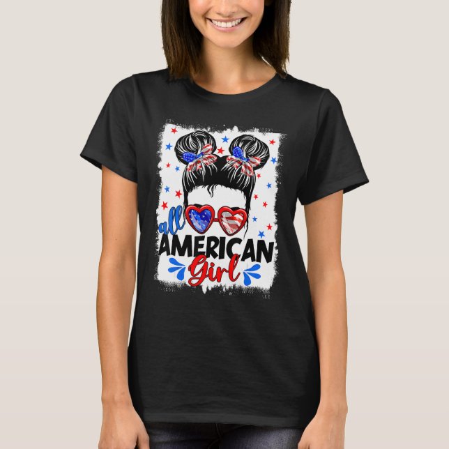 All American Girls 4th Of July Patriotic Messy Bun T-Shirt (Front)