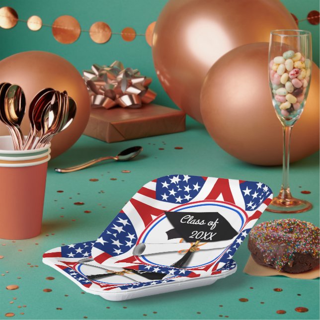 All American Grad - Red White & Blue on Stars Paper Plates (Multi)