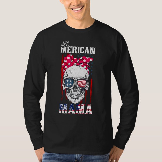 All American Mama  Skull Mom American Flag Bow Tie T-Shirt (Front)
