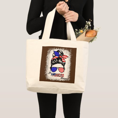 All American Mom Messy Bun Mom 4th Of July Large Tote Bag