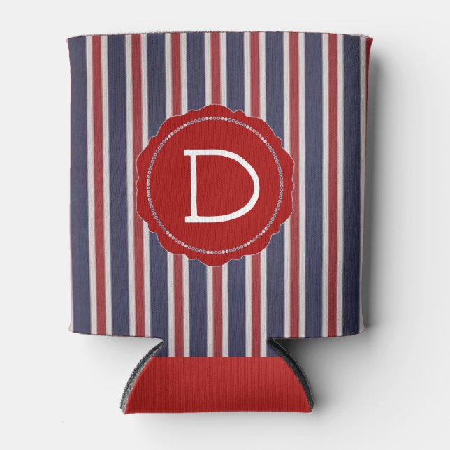 All-American Monogrammed Patriotic Striped Favor Can Cooler (Front)