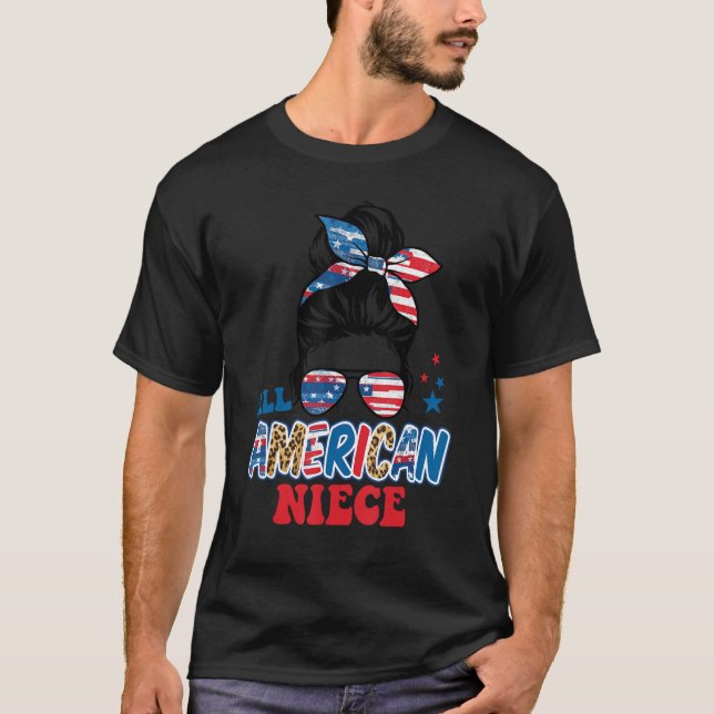 All American Niece 4th Of July USA Flag Messy Bun  T-Shirt (Front)