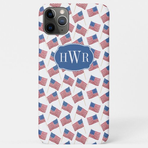 All-American Patriotic Red White And Blue Monogram iPhone 11 Pro Max Case - This phone case design features a handpainted USA flag pattern background with a monogram. 