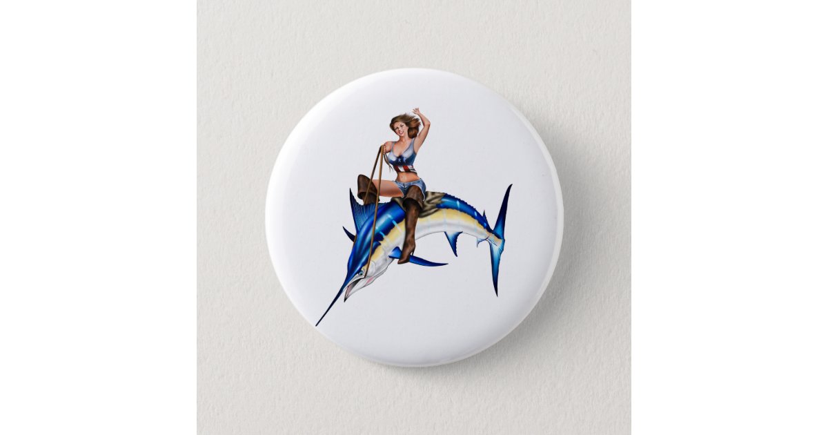 All American Pinup Girl riding a blue marlin Button