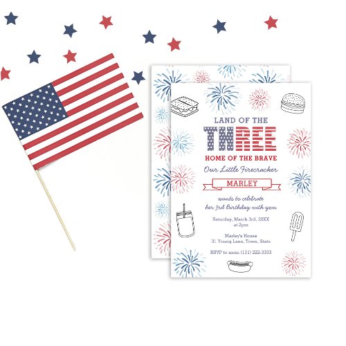 All_American Red Blue Fireworks 3rd Birthday Party Invitation