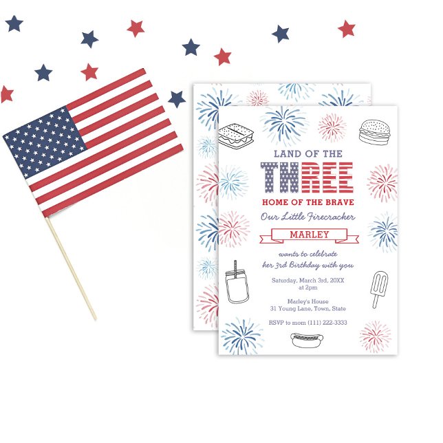 All-American Red Blue Fireworks 3rd Birthday Party Invitation (Creator Uploaded)