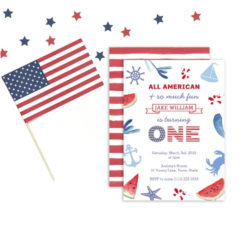 All_American Red White Blue First Birthday Party Invitation