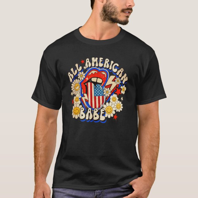 All American Retro Flower Babe 4th Of July USA Lip T-Shirt (Front)