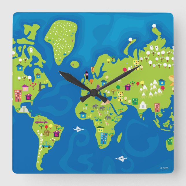 All Around the World Square Wall Clock (Front)