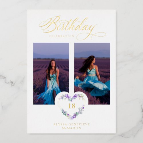 All Birthday Lilac Real Gold 2 Photos Floral Heart Foil Invitation