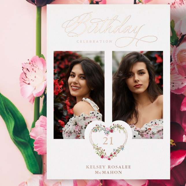 All Birthday Real Rose Gold 2 Photos Floral Heart  Foil Invitation (Creator Uploaded)