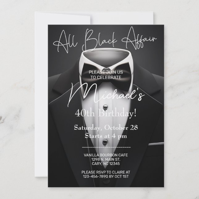 All Black Affair adult man birthday invitation. Invitation (Front)