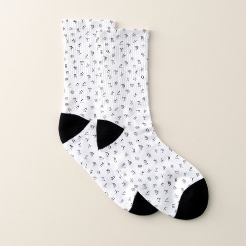 All Black Small Zodiac Signs on White Background Socks