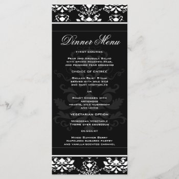 All Black W/ White Damask Elegant Slim Dinner Menu by prettypicture at Zazzle