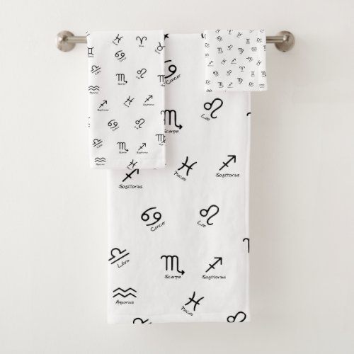 All Black Zodiac Signs on White Background Bath Towel Set