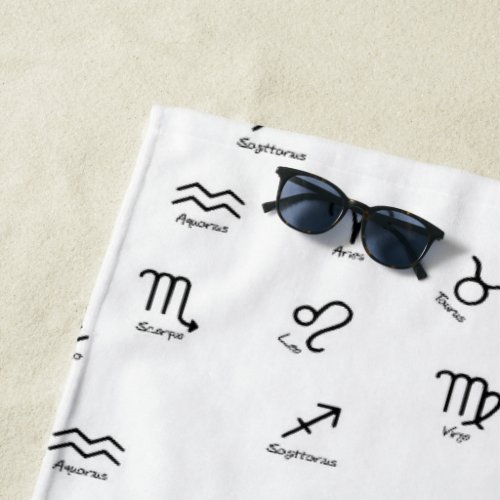 All Black Zodiac Signs on White Background Beach Towel