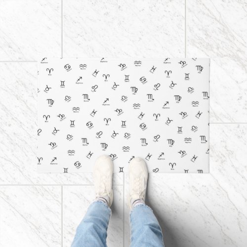All Black Zodiac Signs on White Background Doormat