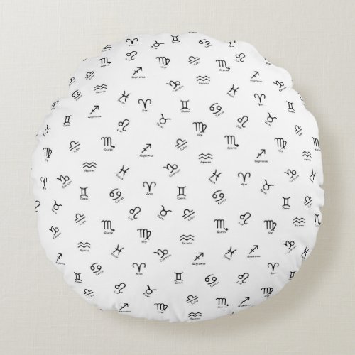 All Black Zodiac Signs on White Background Round Pillow