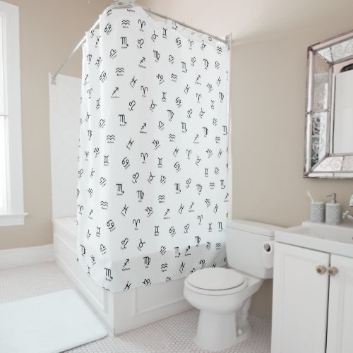 All Black Zodiac Signs on White Background Shower Curtain