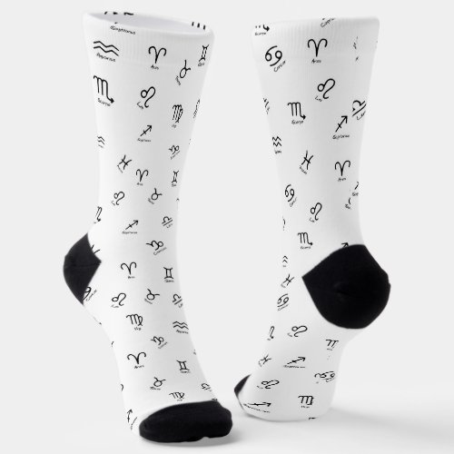 All Black Zodiac Signs on White Background Socks