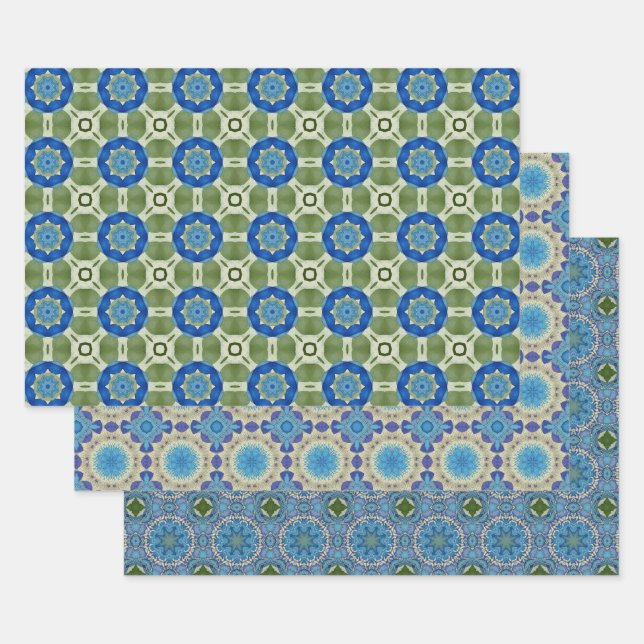 All Blue Seamless Ethnic Pattern Set 2 Wrapping Paper Sheets (Set)