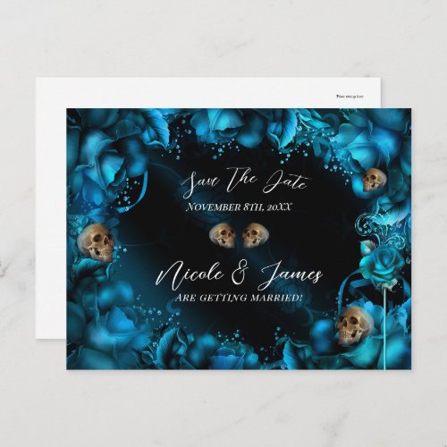 All Blue Teal Turquoise Roses Skulls Save the Date Announcement Postcard