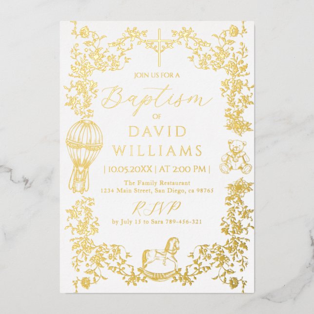 All Blue Toile Boy Baptism Elegant Digital Foil Invitation (Front)