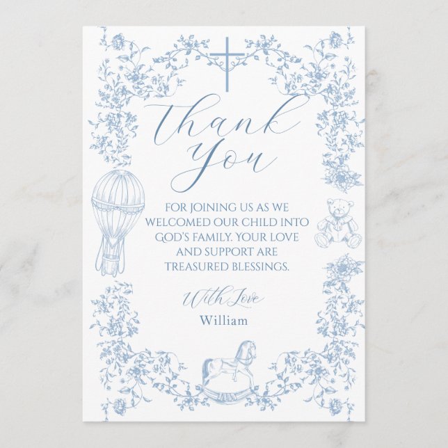 All Blue Toile Boy Baptism Elegant Digital Thank You Card (Front)