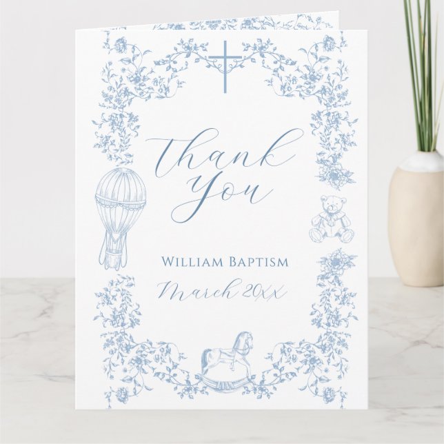 All Blue Toile Boy Baptism Elegant Digital Thank You Card (Front)