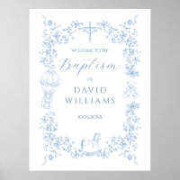 All Blue Toile Boy Baptism Elegant Welcome