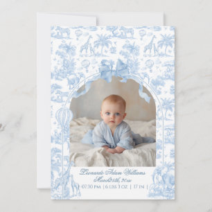 All Blue Toile Safari Animal Baby Boy Shower Announcement