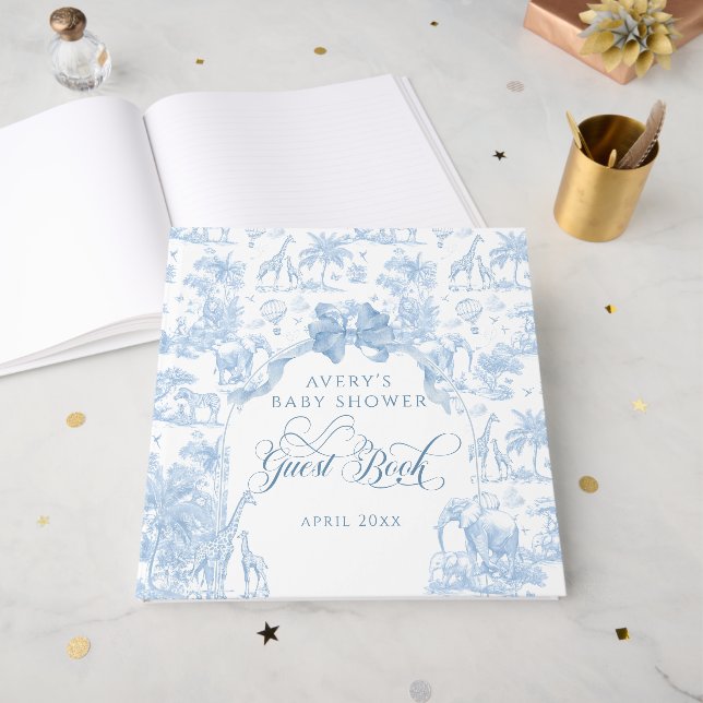 All Blue Toile Safari Animal Baby Boy Shower Guest Book (Front Open)