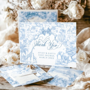 All Blue Toile Safari Animal Baby Boy Shower Letterpress Thank You Card