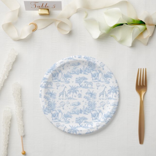 All Blue Toile Safari Animal Baby Boy Shower Paper Plates (Wedding)