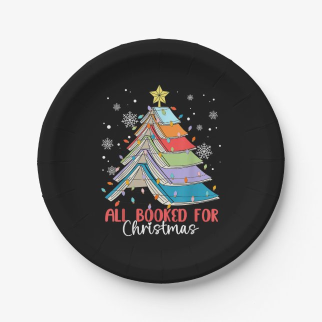 All Booked For Christmas Book Christmas Tree Light Paper Plates (Front)