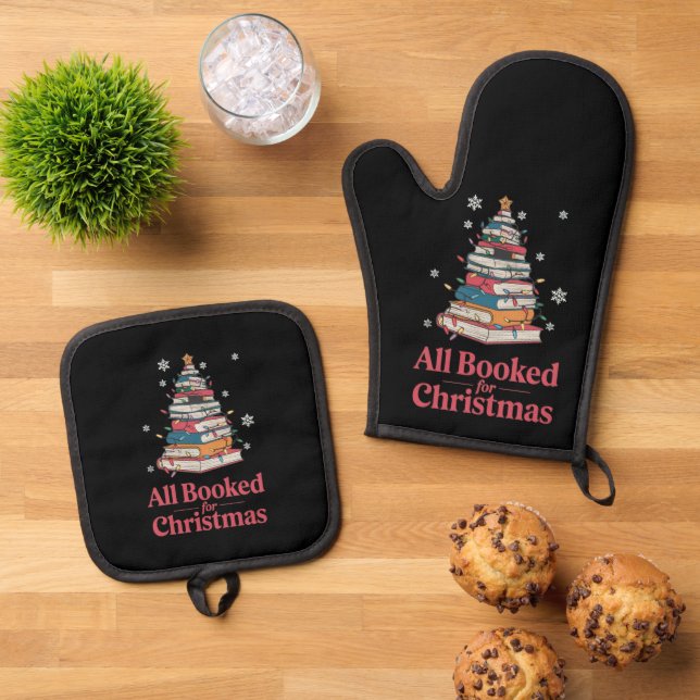 All Booked For Christmas Book Tree Lights  Oven Mitt & Pot Holder Set (Top Down)