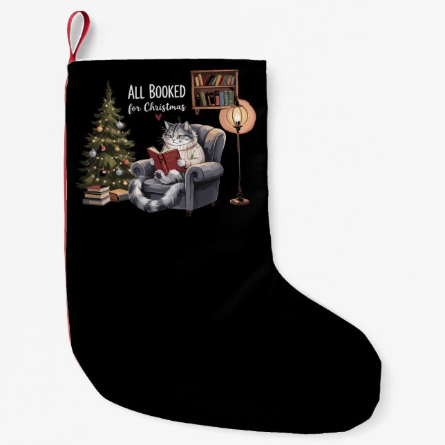 All Booked for Christmas Bookish Cat Winter Readin Small Christmas Stocking (Front)