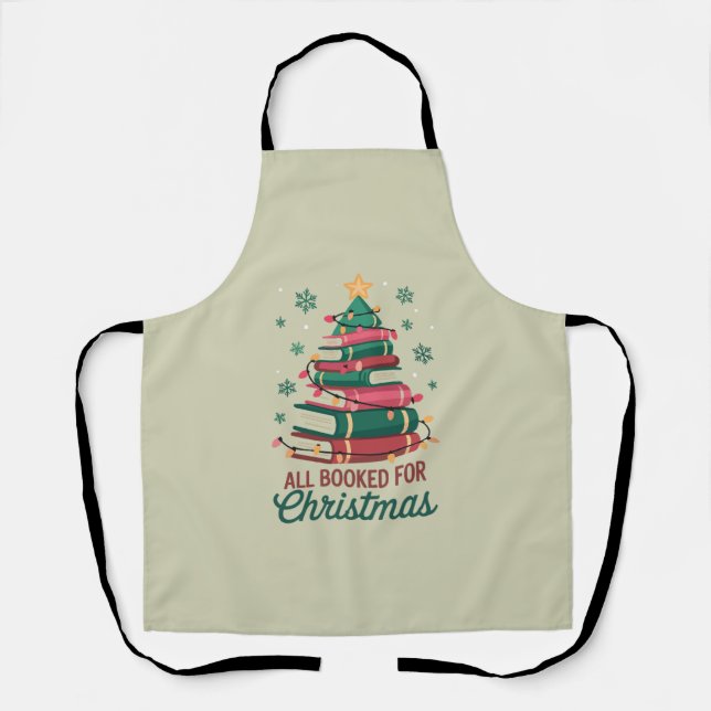 All Booked For Christmas Librarian Book Lover Tree Apron (Front)