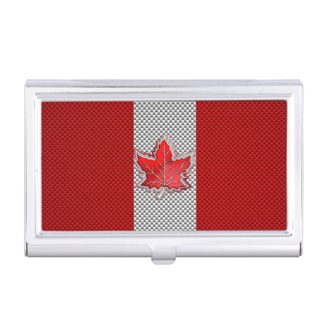 All Canadian Red Maple Leaf on Carbon Fiber Print Business Card Holder (Front)