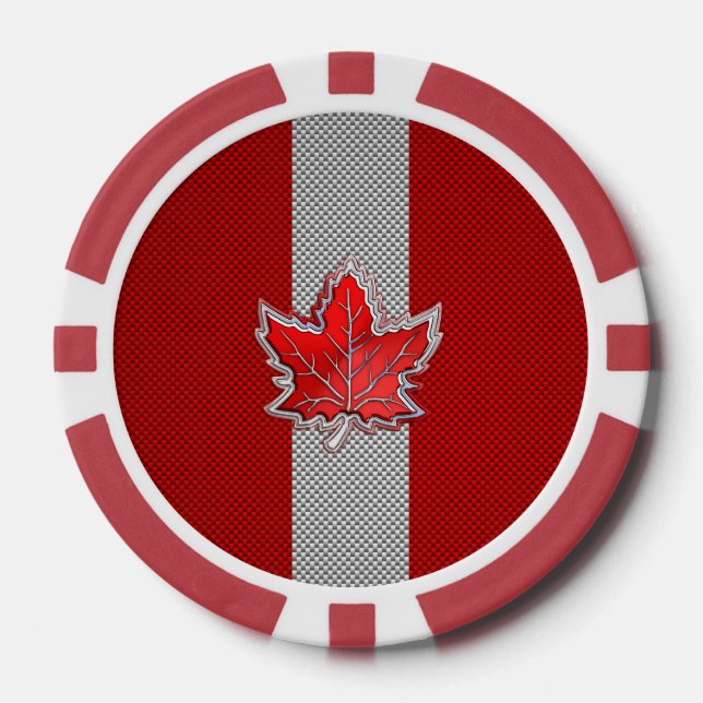 All Canadian Red Maple Leaf on Carbon Fiber Print Poker Chips (Front)
