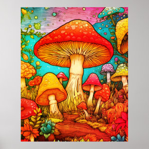 All Colors of Mushrooms Black Background On a Wall Poster