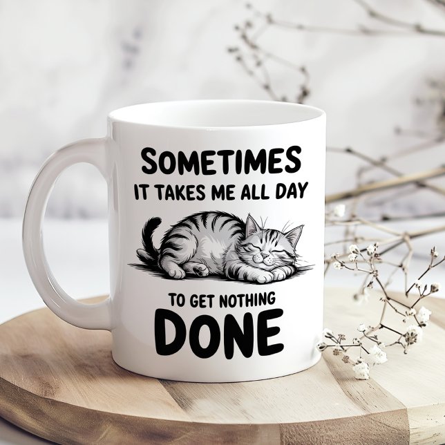 "All Day Doing Nothing" Funny Lazy Cat Coffee Mug ("All Day Doing Nothing" Funny Lazy Cat Coffee Mug on a sunny boho neutral kitchen table)